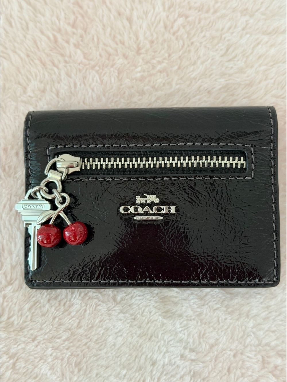 Coach Black Patent Leather Small Wallet with Cherry Key Charm NEW